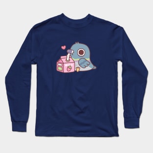 Cute Pigeon Loves Drinking Strawberry Milk Long Sleeve T-Shirt